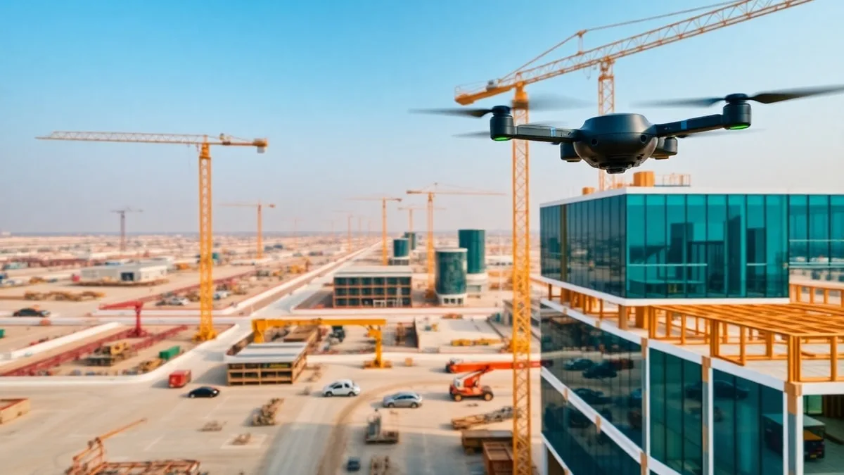 Surveying drone preparing for takeoff at a fenced Saudi construction site