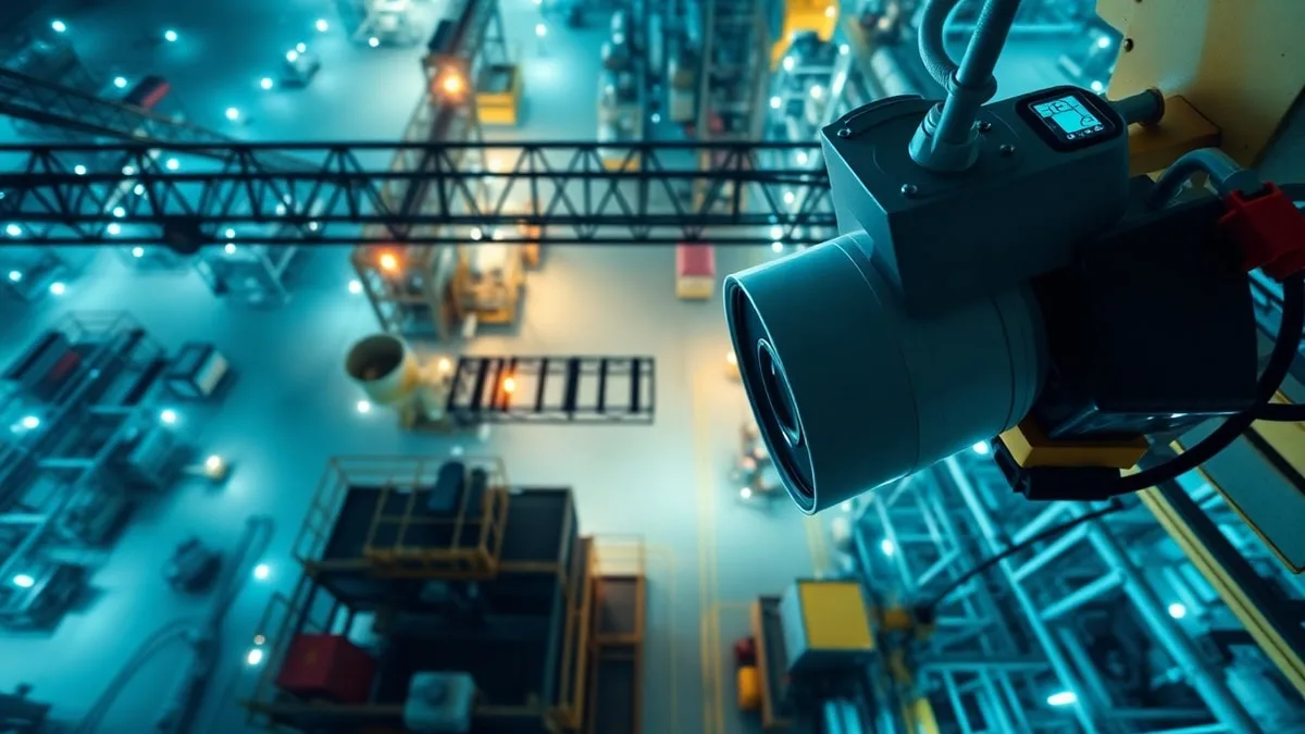 Worker fall detection bounding box from elevated camera with IMU wearable signal trace overlay