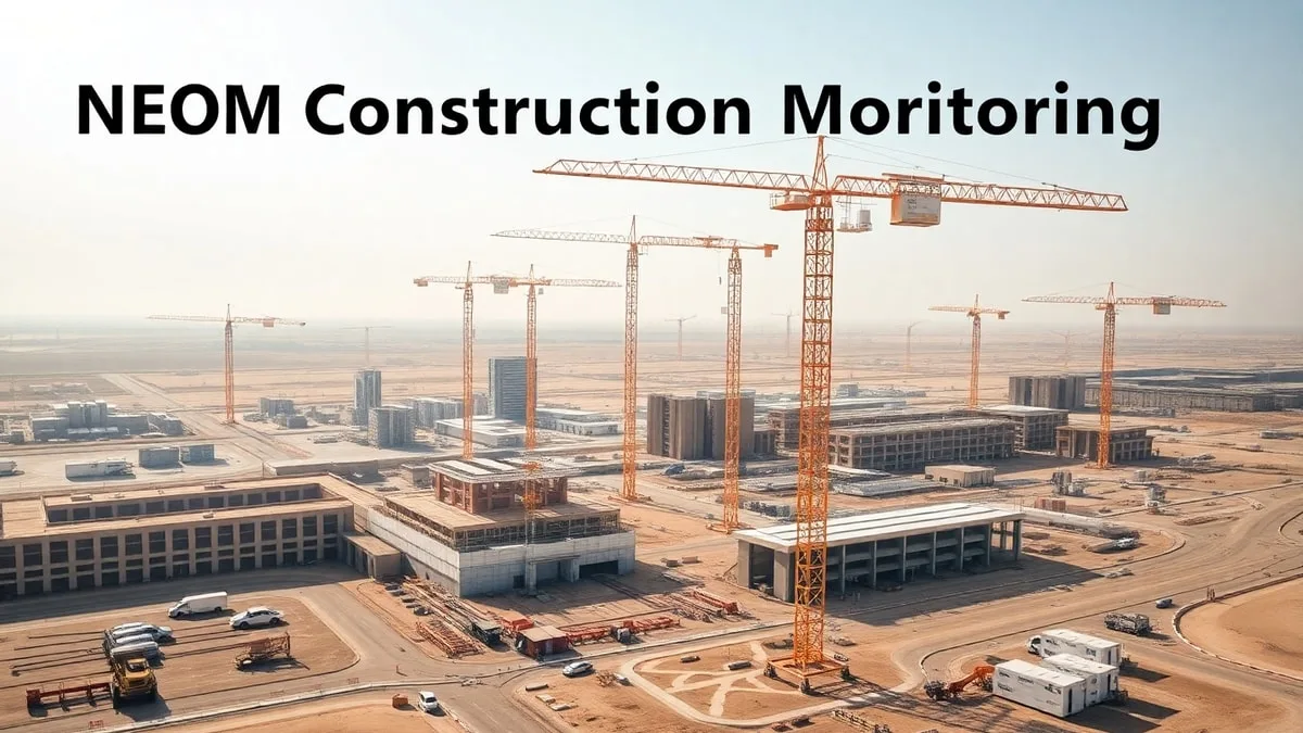 NEOM construction site with elevated camera mast and drone overflight against desert mountain backdrop