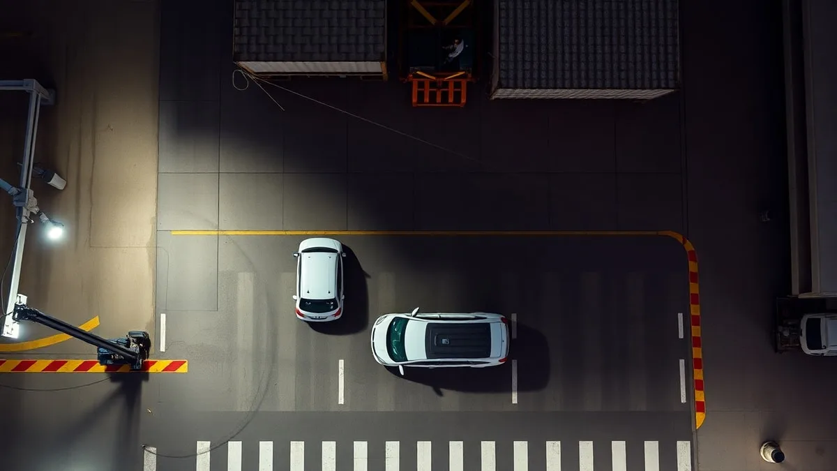 Industrial yard with aerial imagery overlay showing vehicle path, pedestrian zone and near-miss detection box