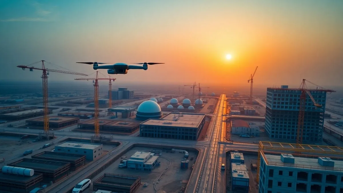Aerial drone capture of a Vision 2030 megaproject site under digital construction monitoring