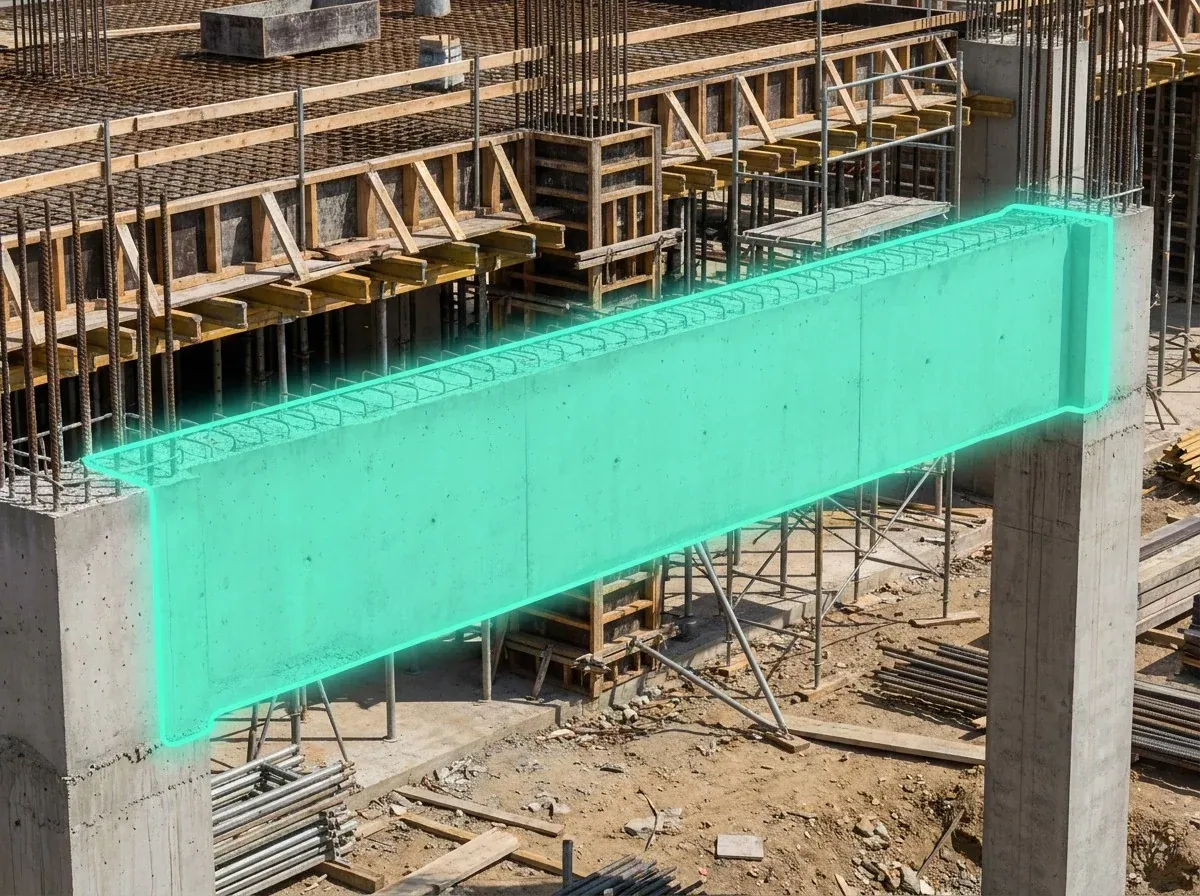 AI segmentation mask over a concrete beam on a construction site
