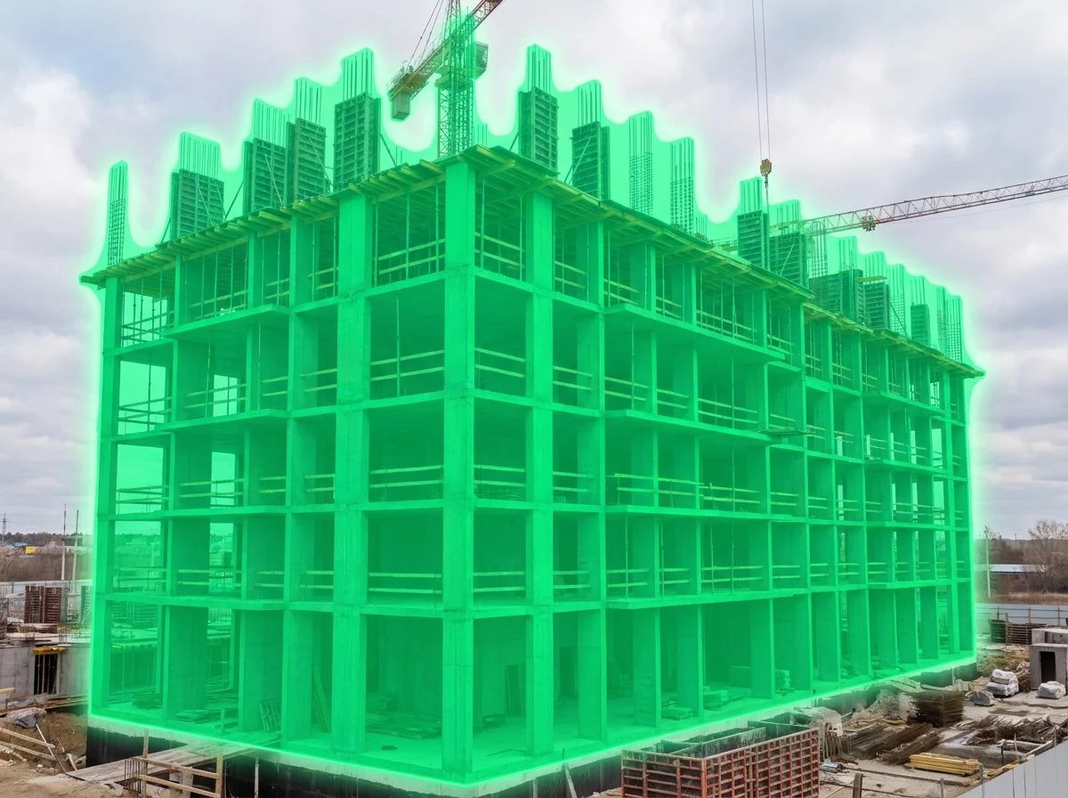 AI segmentation mask over a reinforced-concrete building structure on a construction site