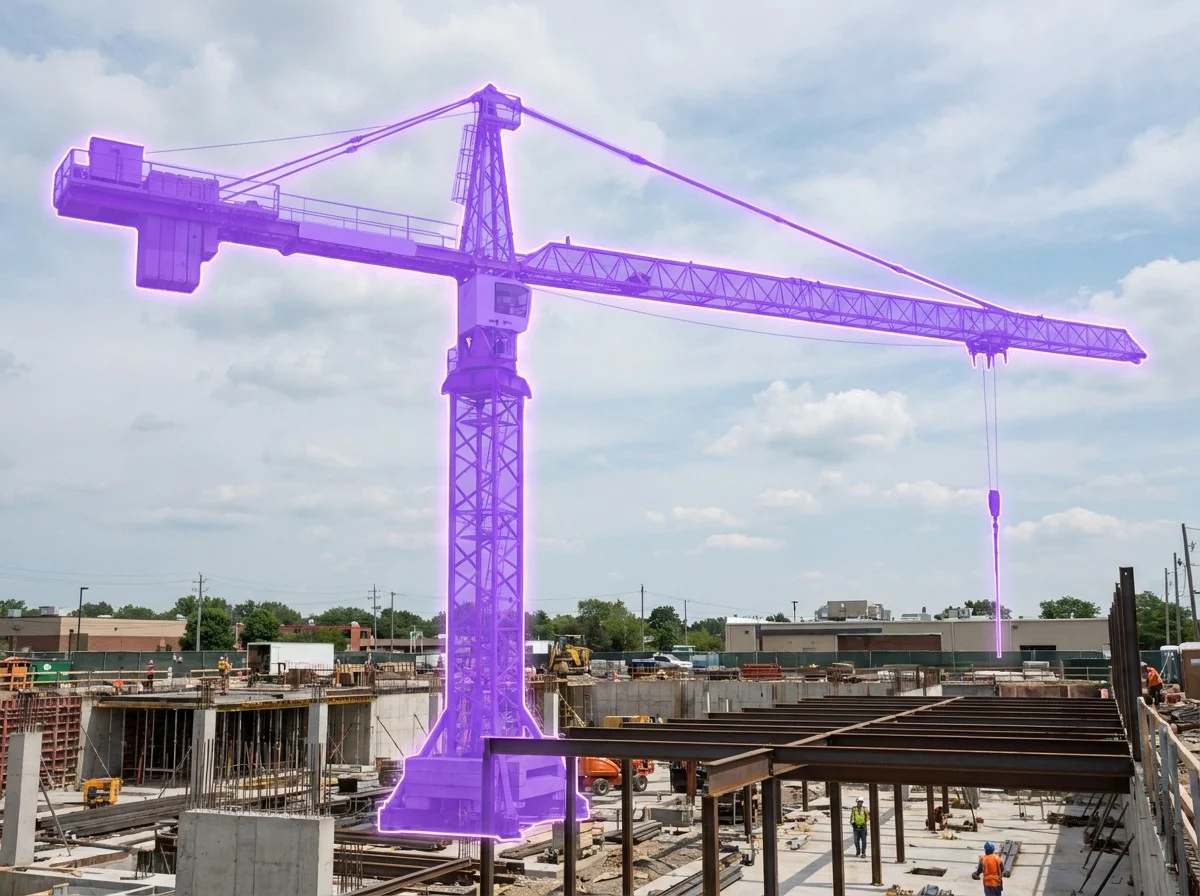 AI segmentation mask over a tower crane on a construction site