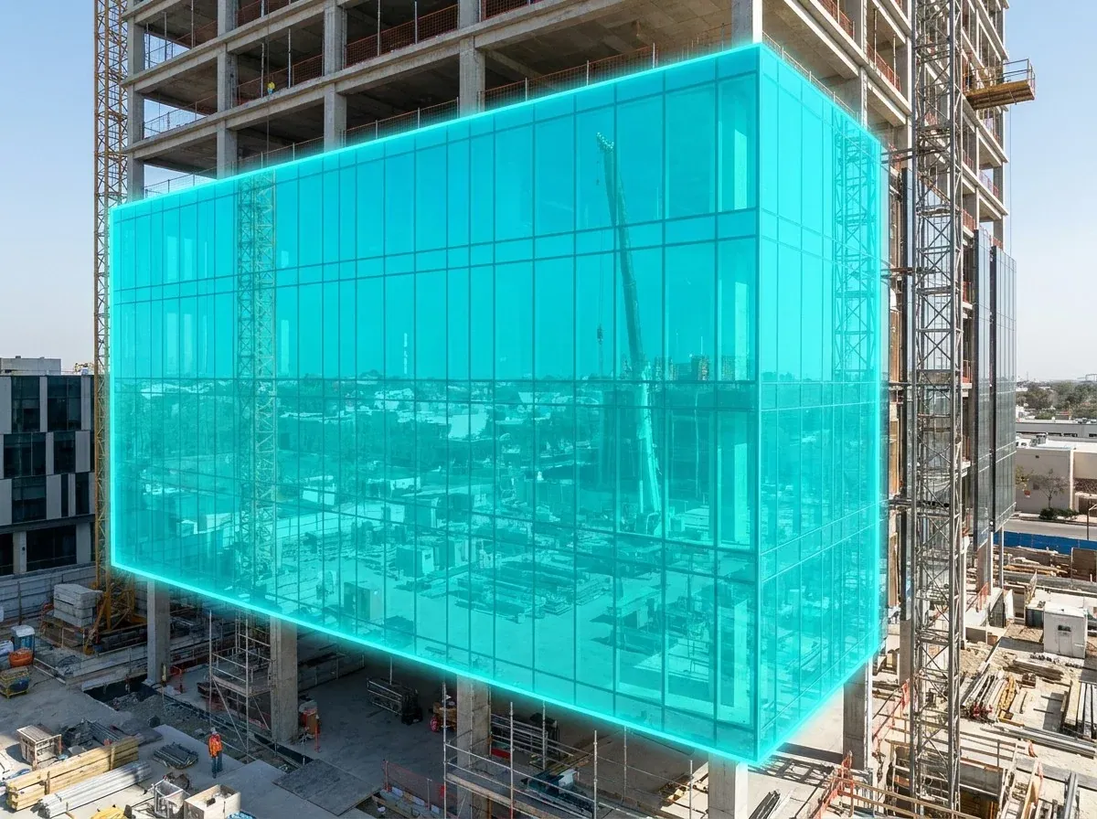 AI segmentation mask over a glass curtain wall on a construction site