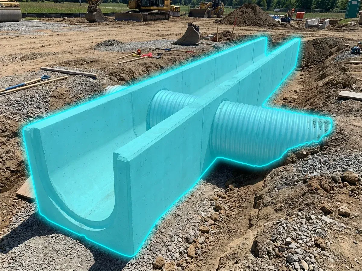 AI segmentation mask over a concrete drainage channel on a construction site