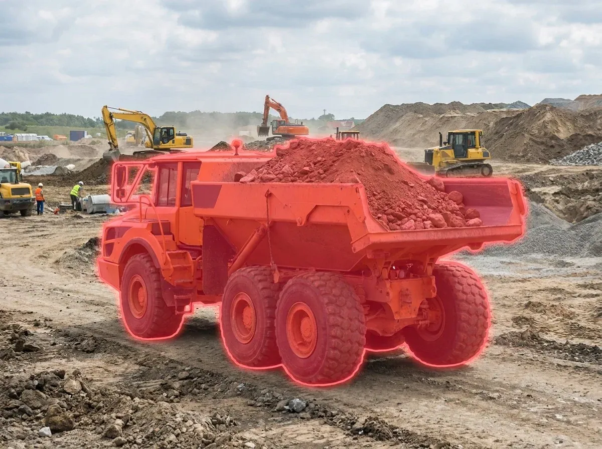 AI segmentation mask over a dump truck on a construction site
