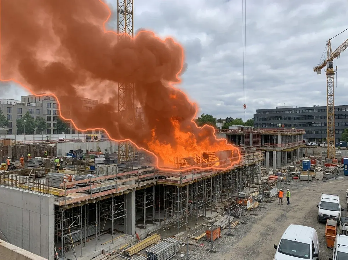 AI segmentation mask over fire and smoke on a construction site