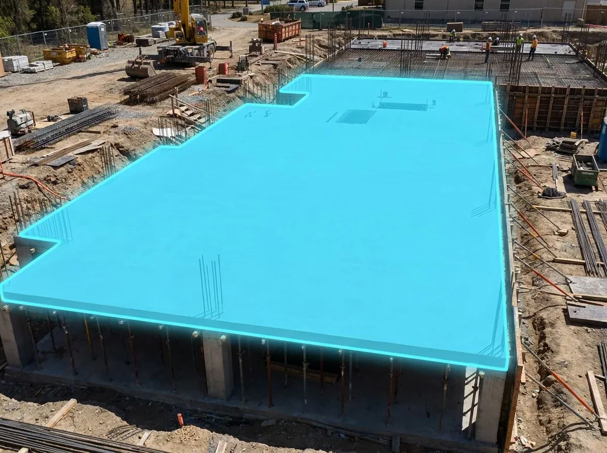 AI segmentation mask over an elevated concrete floor slab on a construction site