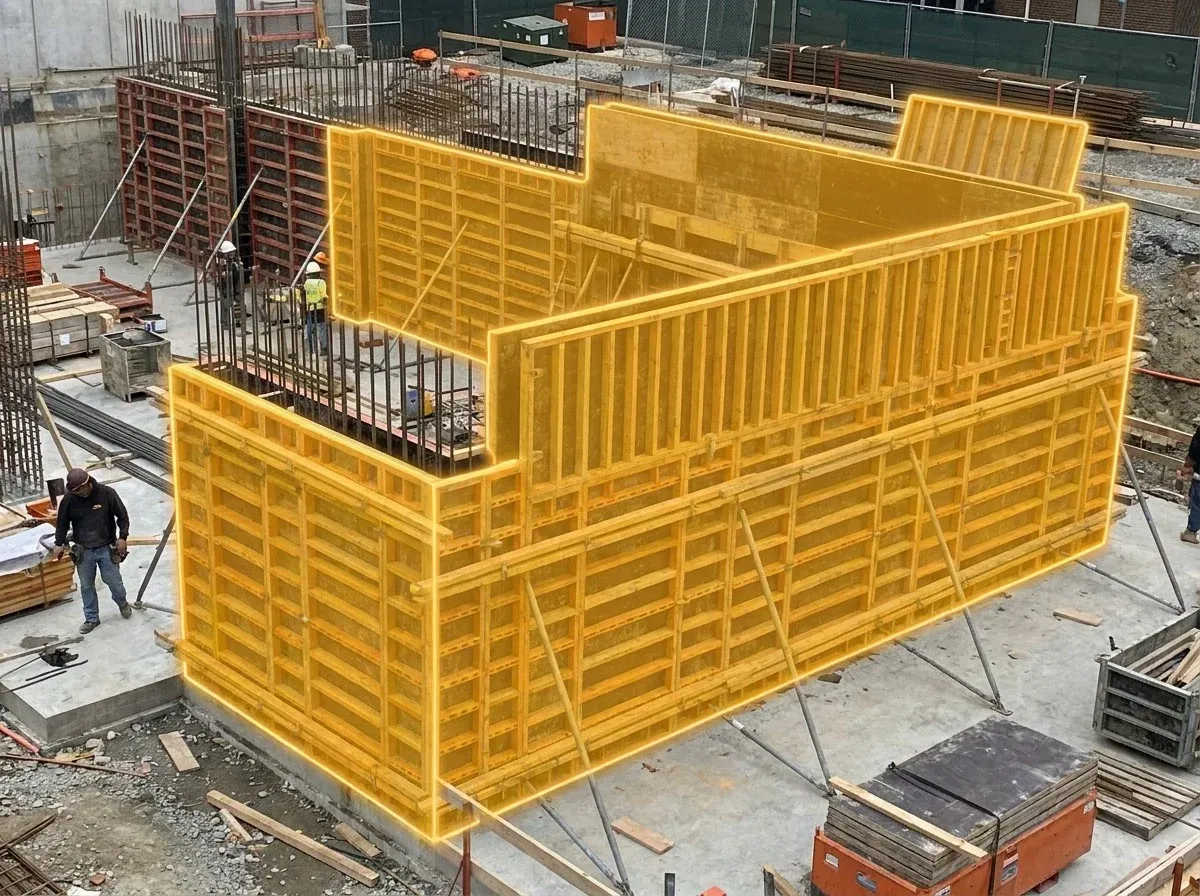 AI segmentation mask over formwork panels on a construction site