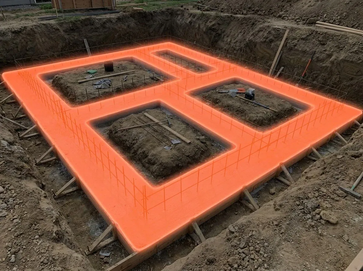 AI segmentation mask over concrete foundation footings on a construction site