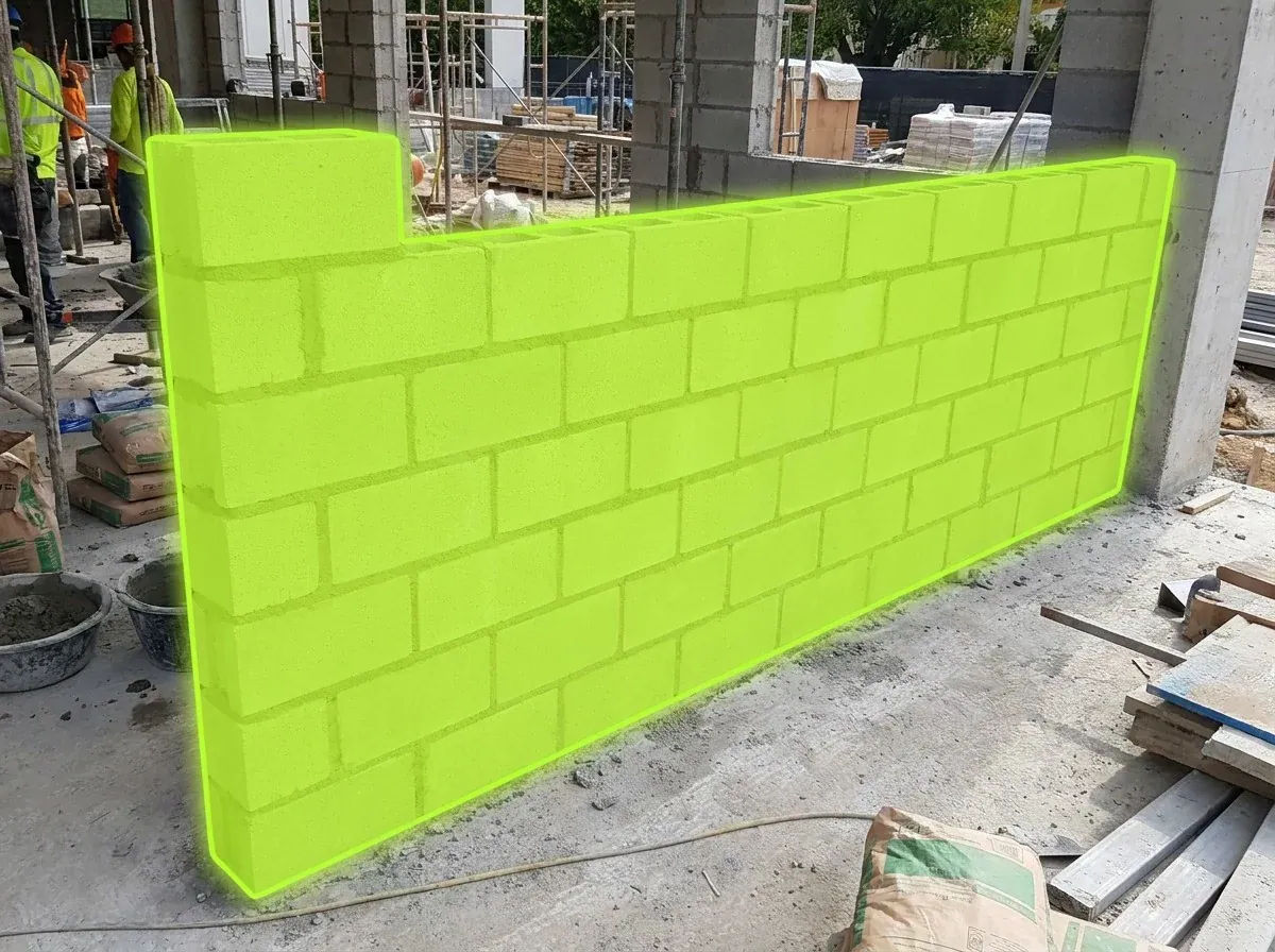 AI segmentation mask over a block masonry wall on a construction site