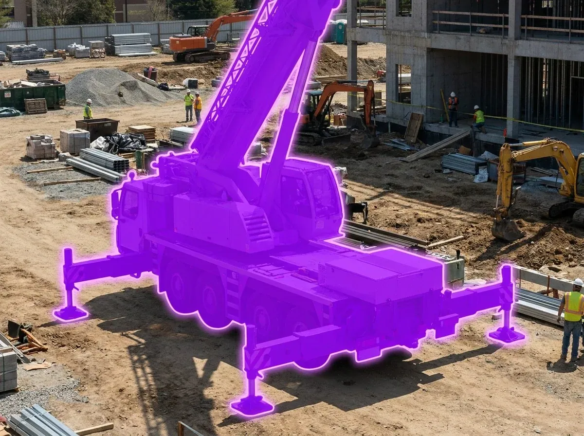 AI segmentation mask over a mobile truck crane on a construction site