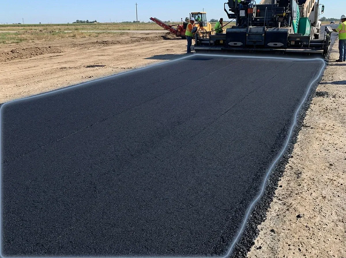 AI segmentation mask over fresh asphalt paving on a construction site