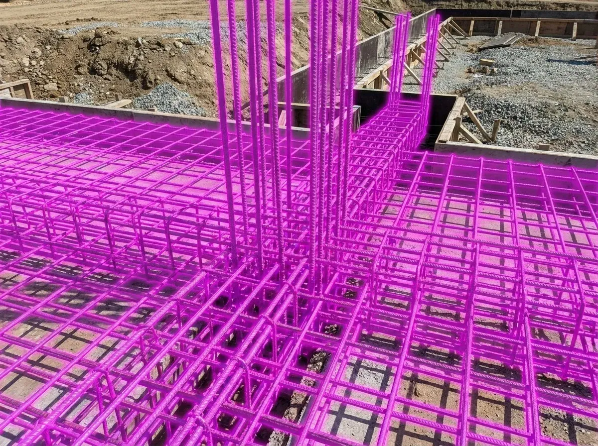 AI segmentation mask over a steel rebar grid on a construction site