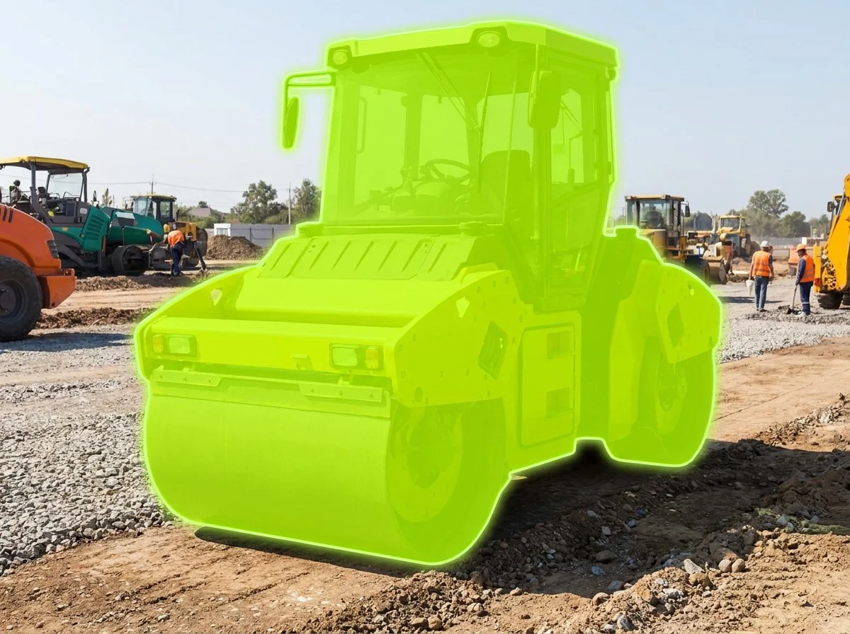 AI segmentation mask over a road roller on a construction site