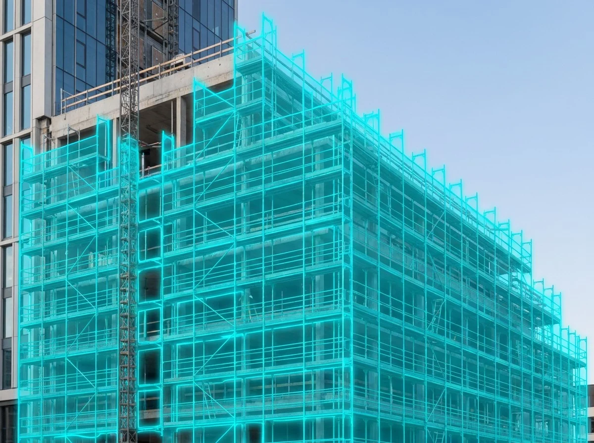 AI segmentation mask over a facade scaffolding on a construction site