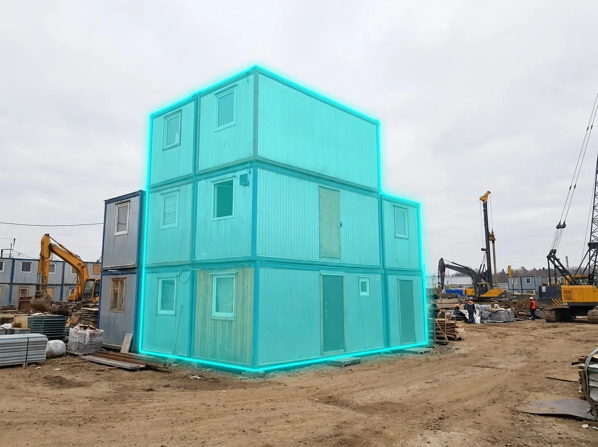 AI segmentation mask over portable site office cabins on a construction site