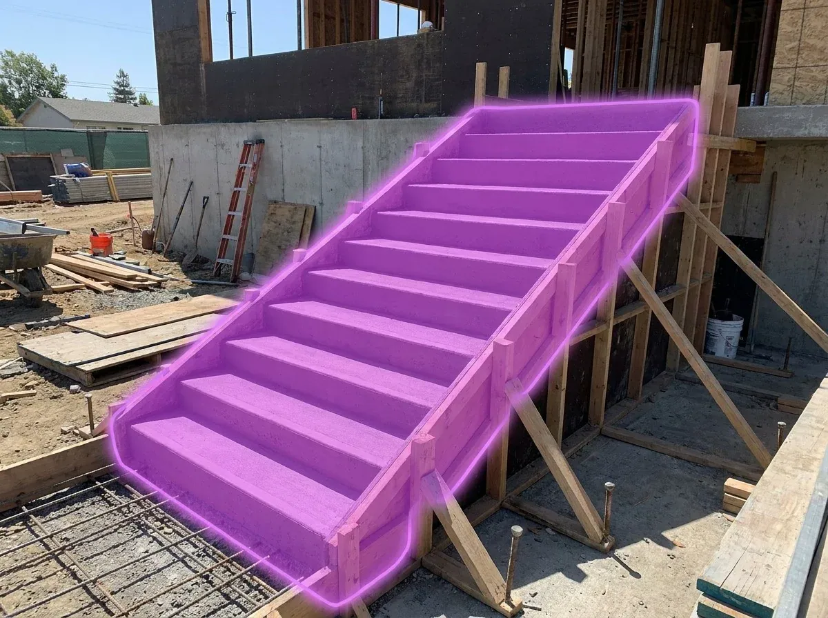 AI segmentation mask over a concrete staircase on a construction site