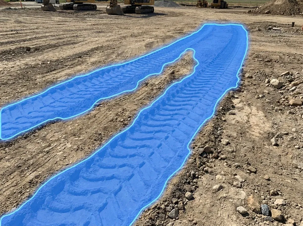 AI segmentation mask over a haul-road vehicle tracks on a construction site