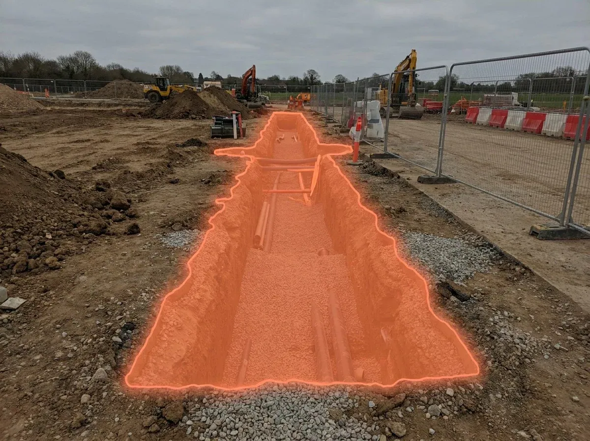 AI segmentation mask over an open utility trench on a construction site