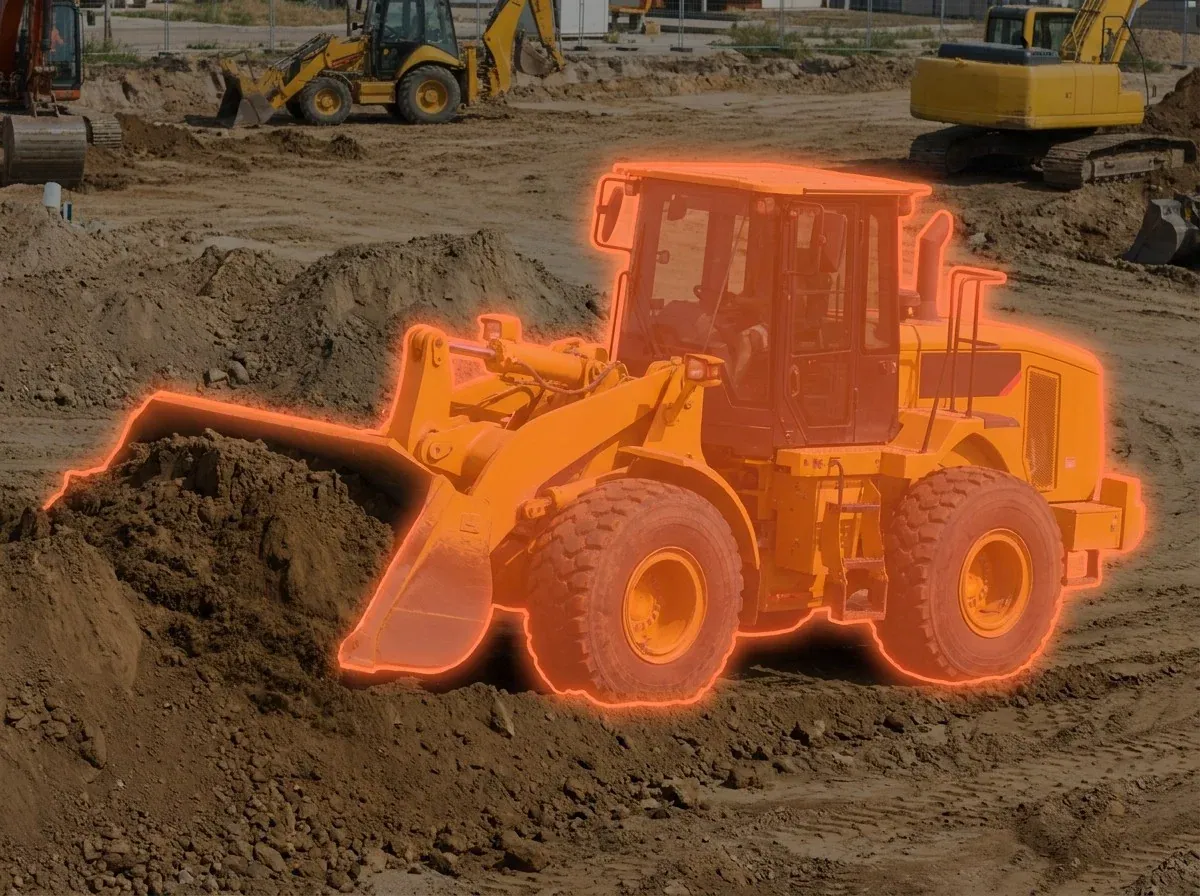 AI segmentation mask over a wheel loader on a construction site