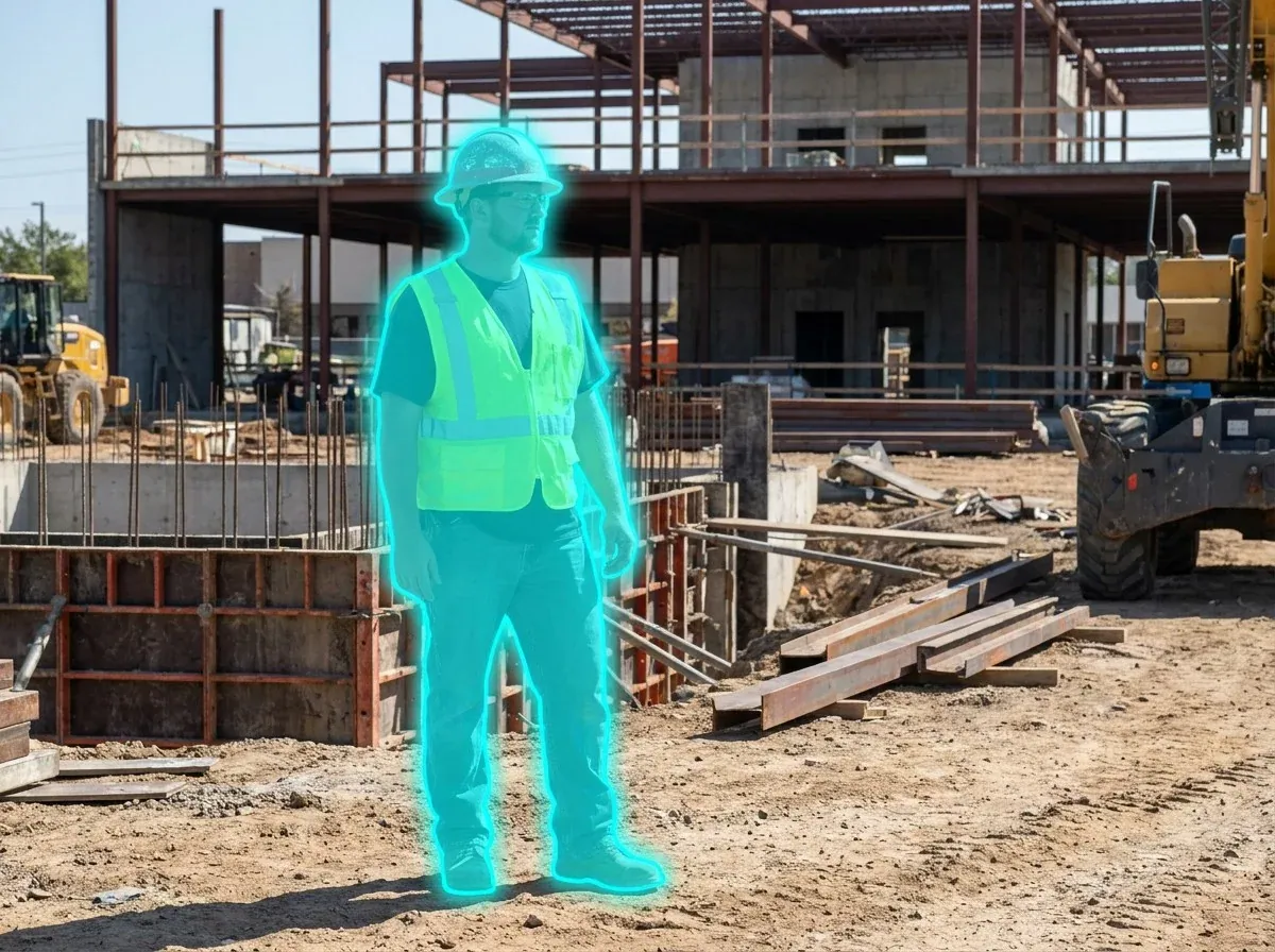 AI segmentation mask over a construction worker on a construction site