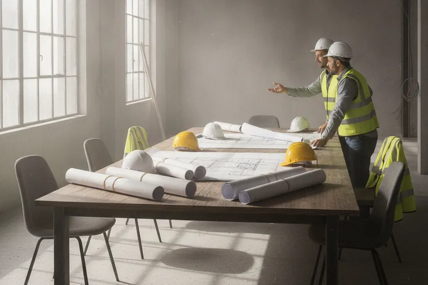 A construction project meeting room with rolled plans, hard hats, and engineers in discussion