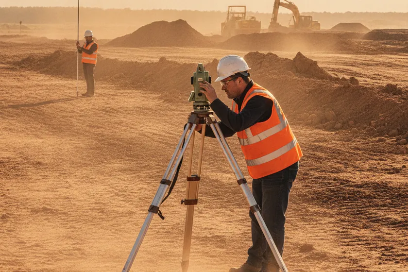 A surveyor operating a total station theodolite on a dusty construction site