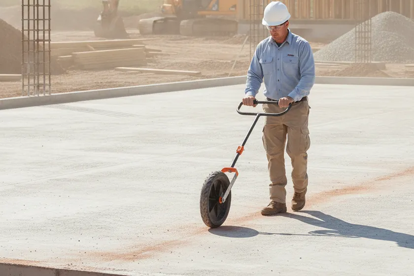 An engineer with a measuring wheel walking along a concrete foundation at a construction site