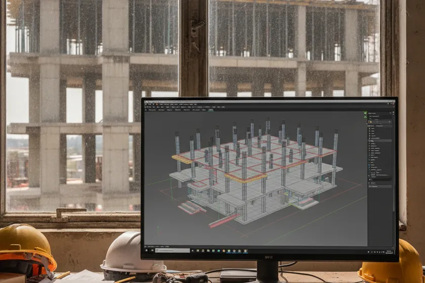 A 3D BIM model displayed on a large monitor beside a partially built concrete structure