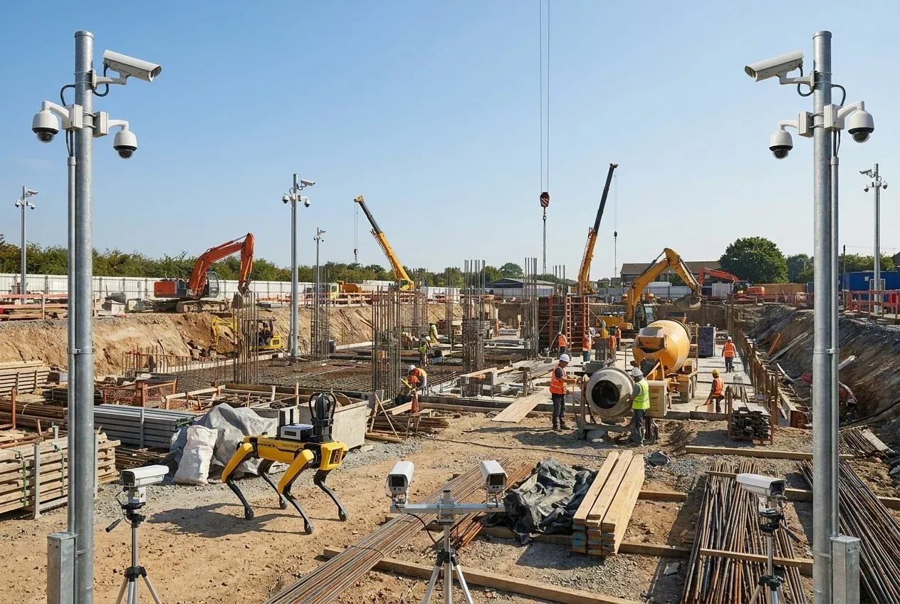 Fixed CCTV cameras on masts and a ground robot monitoring an active construction site
