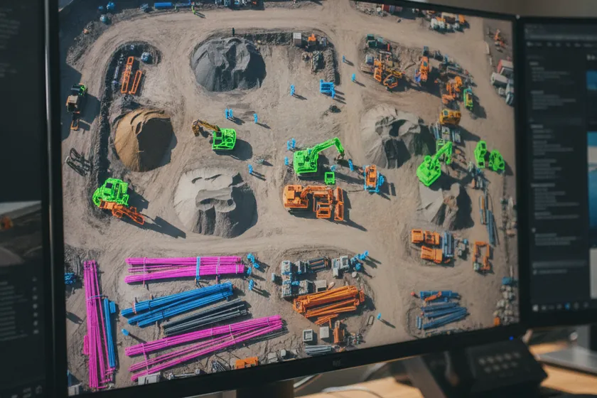 A monitor showing pixel-precise segmentation masks highlighting construction elements on aerial imagery
