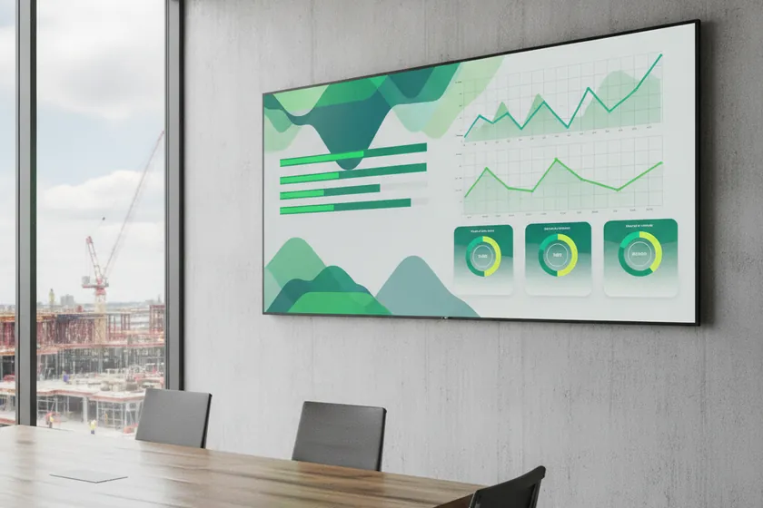 A stakeholder dashboard on a large screen showing weekly progress percentages and KPIs
