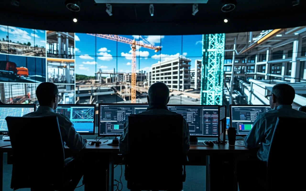 A construction control room where operators watch multiple live camera feeds and a 3D BIM model on large screens