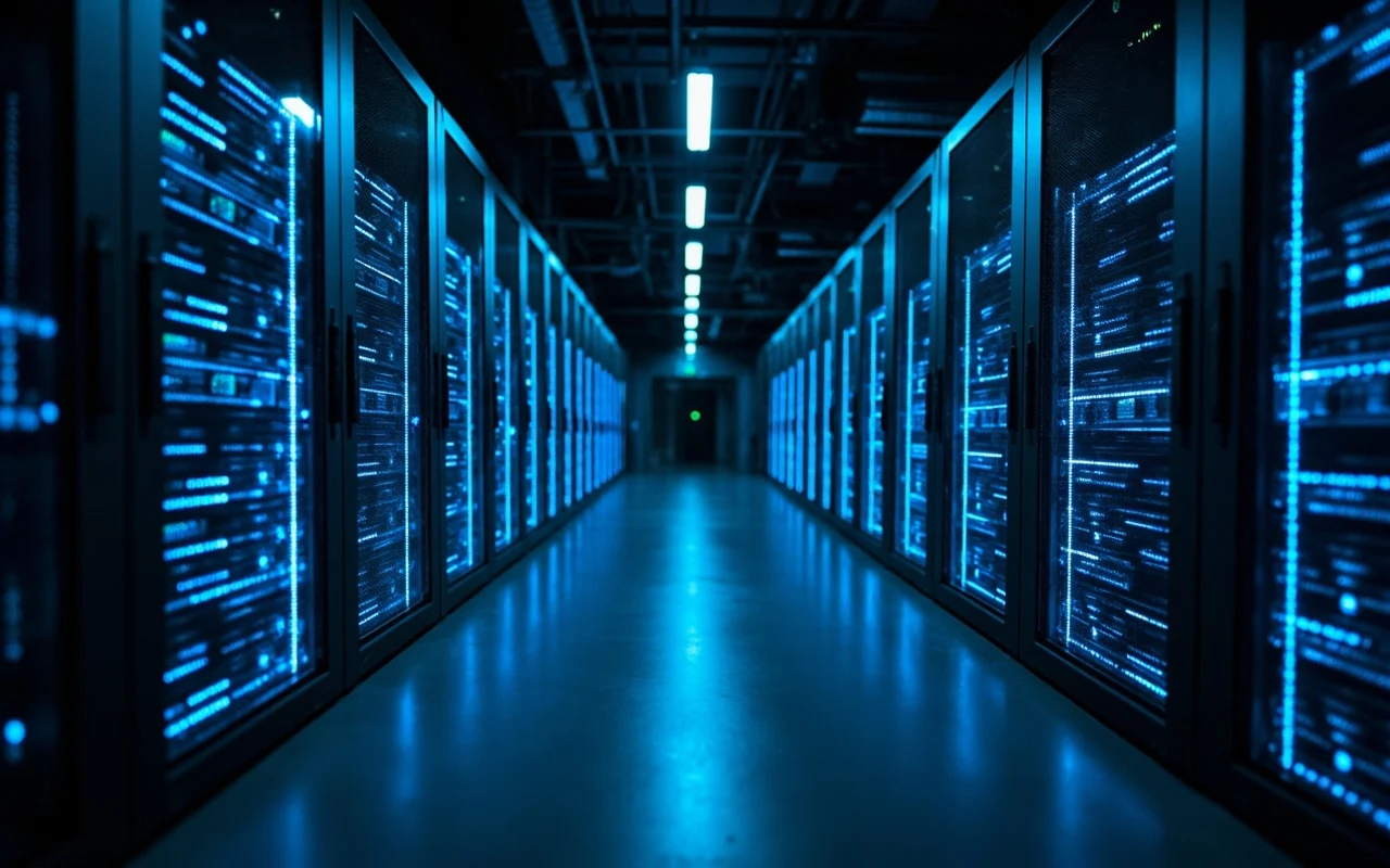 A modern secure data center server room with rows of glowing racks