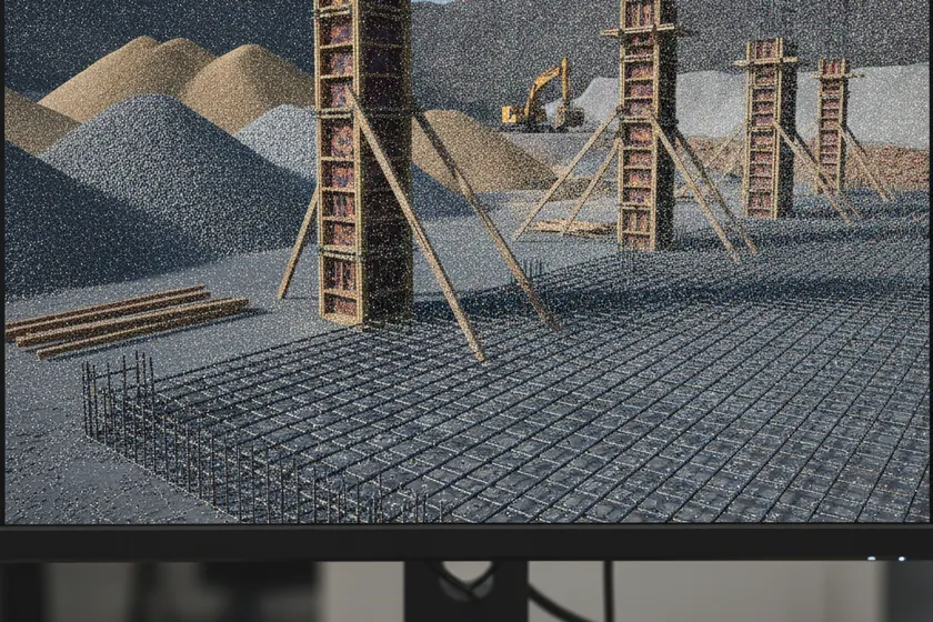 A high-resolution 3D point-cloud mesh of a construction site rendered on a workstation with centimetre-level detail