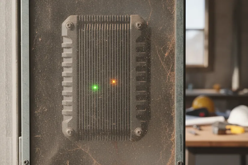 A rugged edge inference appliance mounted inside a site office cabinet with status indicator lights