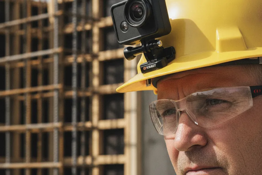 A worker wearing a hard hat fitted with a small forward-facing camera on an active slab