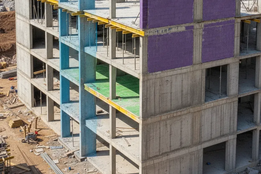 A multi-storey frame with columns, slabs and shear walls each coloured by a different AI segmentation mask