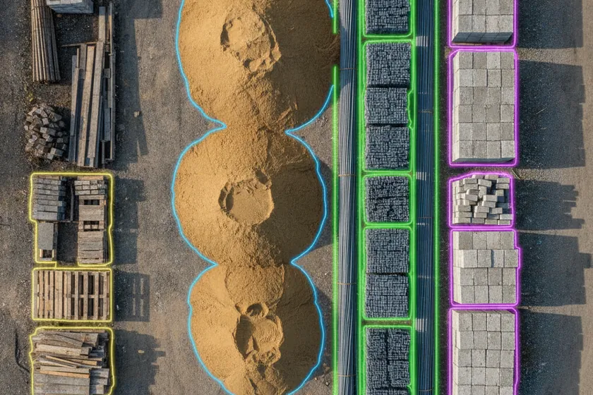 An overhead view of a site yard where sand, rebar stacks, concrete blocks and formwork are highlighted by coloured segmentation masks