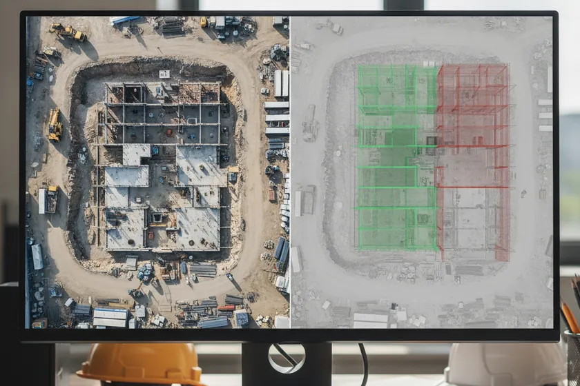 A side-by-side comparison of an aerial site photo overlaid with a translucent BIM model showing completed and outstanding floors