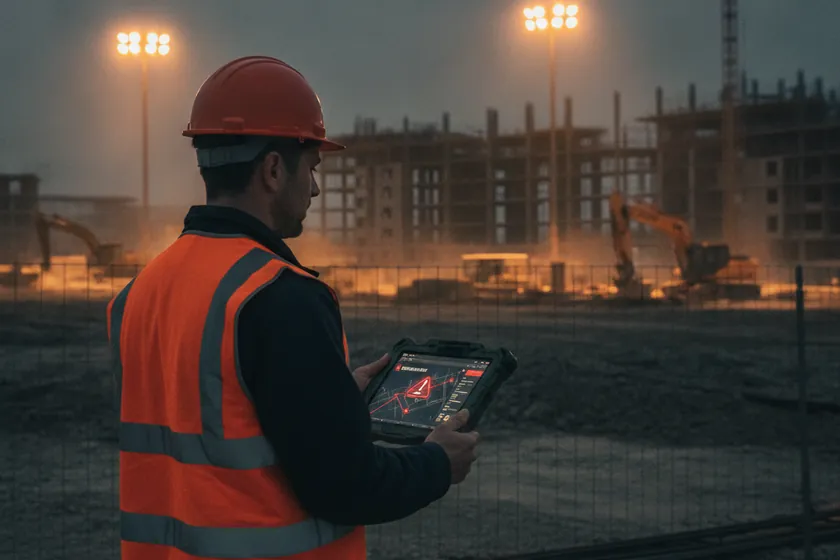 A project manager reviewing a deviation alert on a tablet at the edge of a construction site at dusk