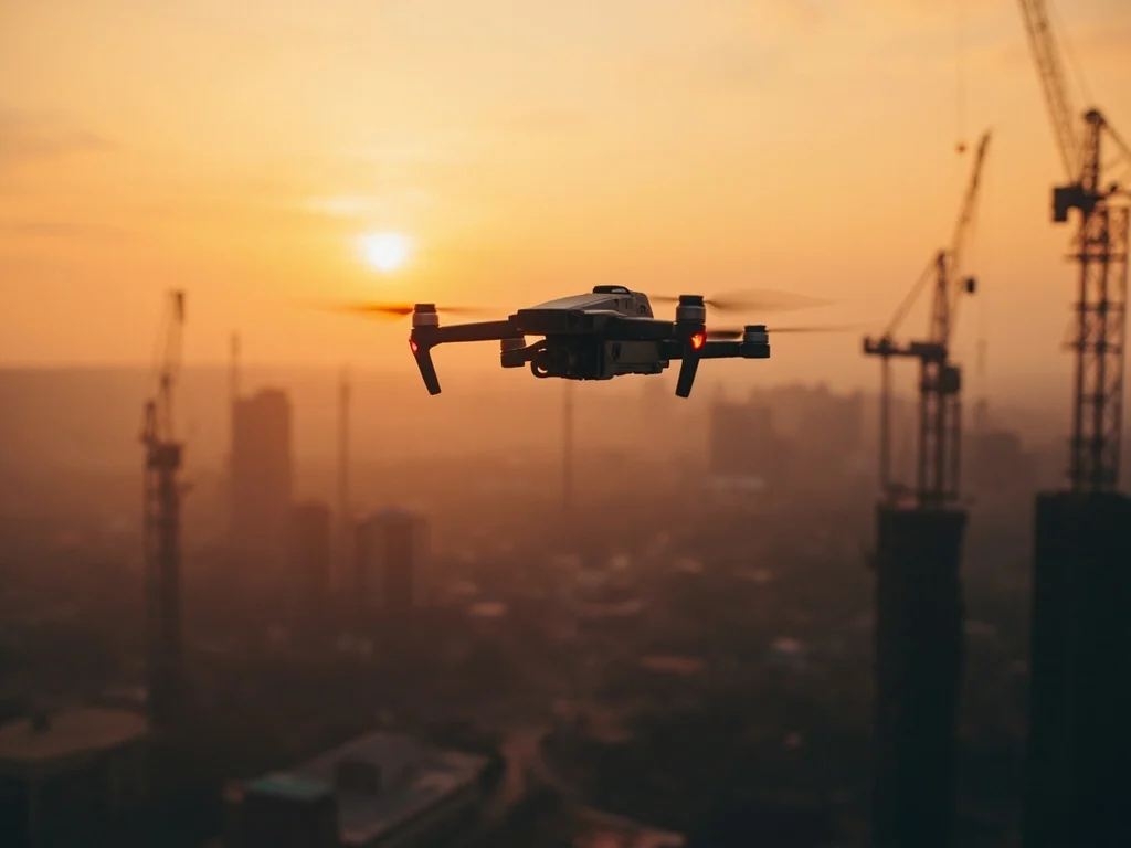 Survey drone flying over a construction site