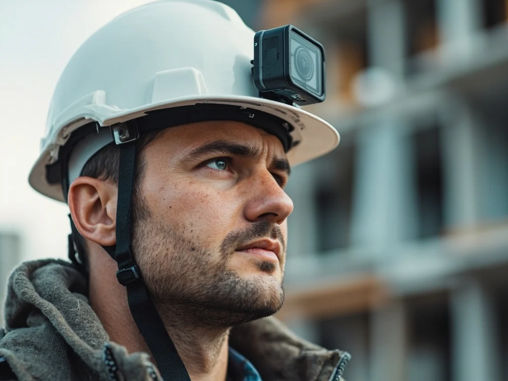 Construction worker wearing a helmet camera