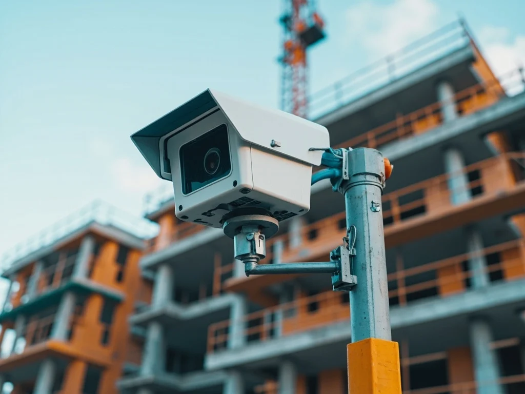 Time-lapse construction camera mounted on a pole