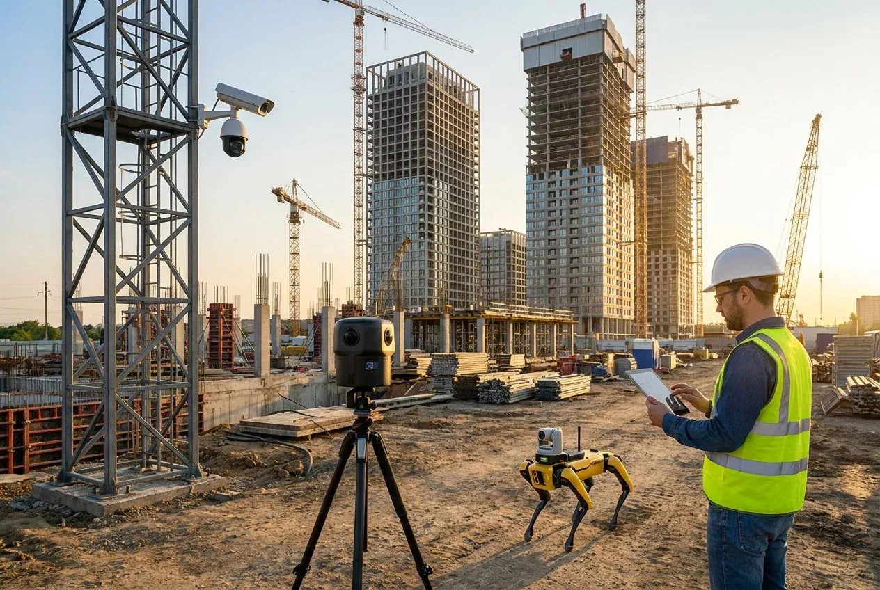 Multiple capture devices on a construction site: a fixed CCTV camera, a 360 camera and a ground robot