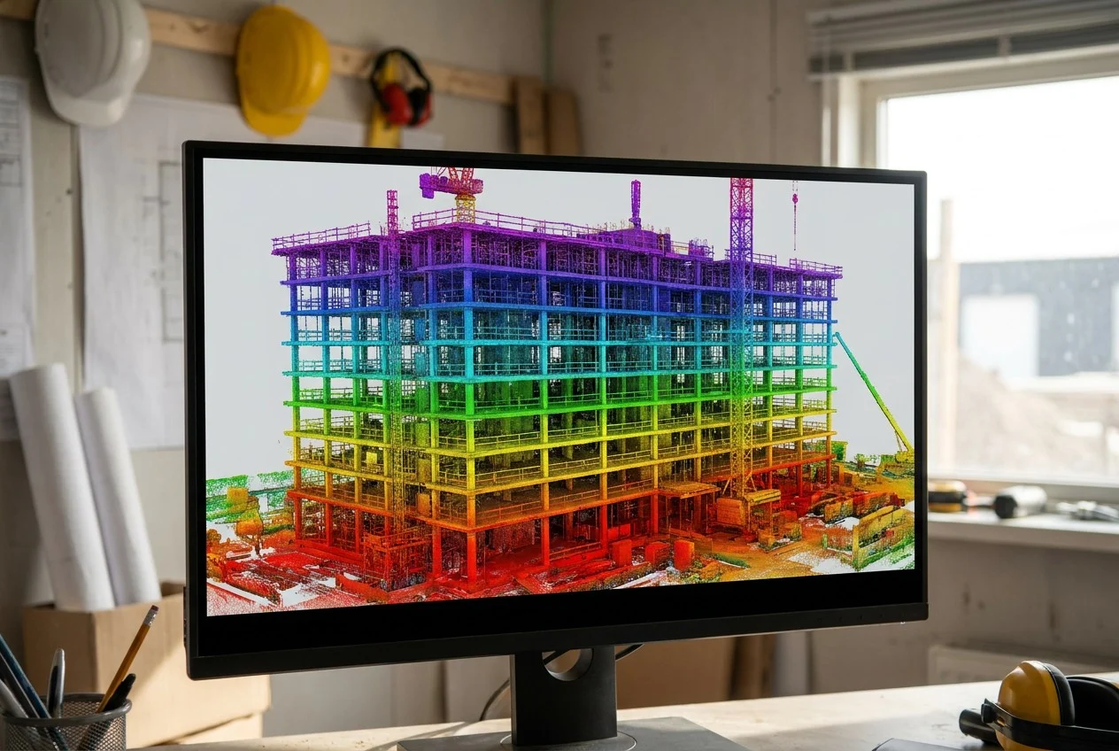 A dense colored LiDAR point-cloud scan of a building shown on a site monitor