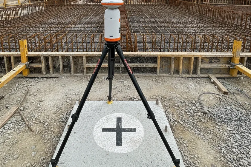 An RTK GPS base station and a permanent ground control point mounted on a concrete pad at a construction site