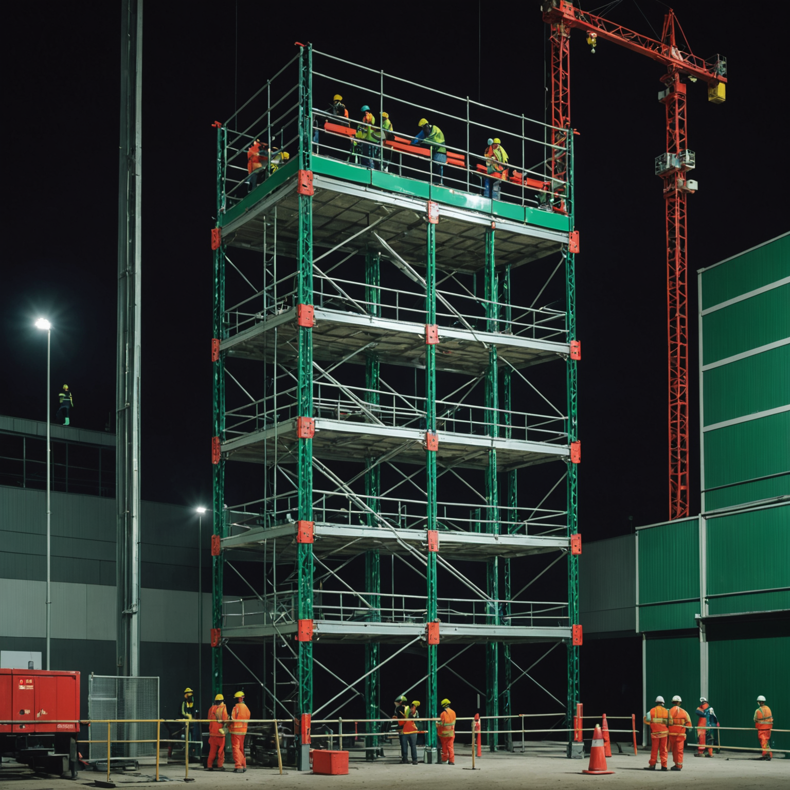 AI-powered fall detection monitoring system showing construction workers on scaffolding at night